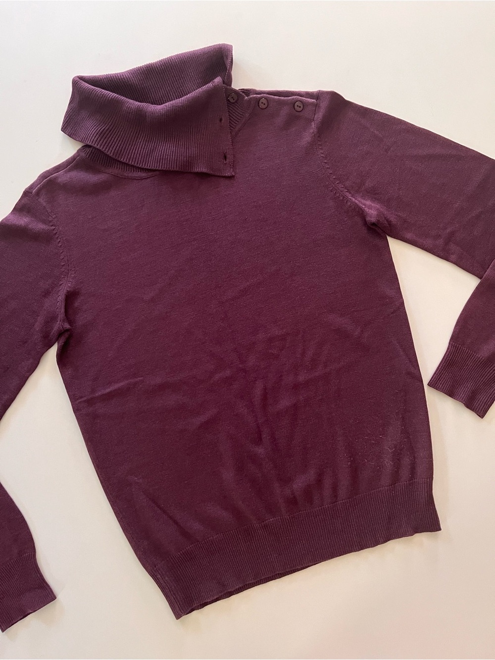 Like New, Vintage Plum Button-Shoulder Turtleneck Sweater, 100% Silk, Small